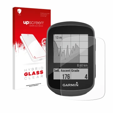 Parte frontale di una confezione del prodotto con il logo del marchio upscreen. Accanto è raffigurato il dispositivo Garmin Ed