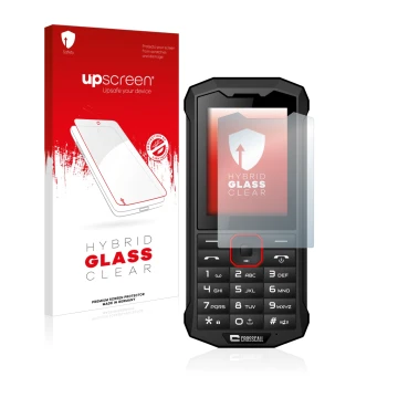 Parte frontale di una confezione del prodotto con il logo del marchio upscreen. Accanto è raffigurato il dispositivo Crosscall