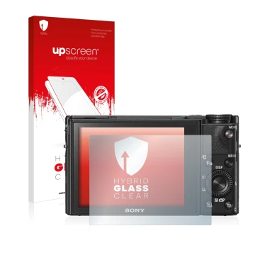 Parte frontale di una confezione del prodotto con il logo del marchio upscreen. Accanto è raffigurato il dispositivo Sony Cybe