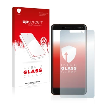 Parte frontale di una confezione del prodotto con il logo del marchio upscreen. Accanto è raffigurato il dispositivo Nokia 6.1