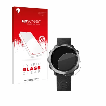 Parte frontale di una confezione del prodotto con il logo del marchio upscreen. Accanto è raffigurato il dispositivo Garmin Fo