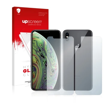 Parte frontale di una confezione del prodotto con il logo del marchio upscreen. Accanto è raffigurato il dispositivo Apple iPh