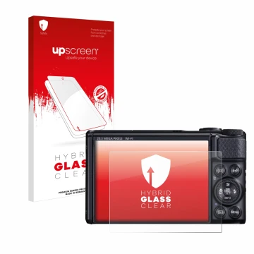 Parte frontale di una confezione del prodotto con il logo del marchio upscreen. Accanto è raffigurato il dispositivo Canon Pow