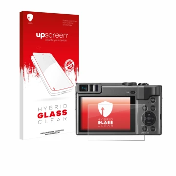 Parte frontale di una confezione del prodotto con il logo del marchio upscreen. Accanto è raffigurato il dispositivo Panasonic