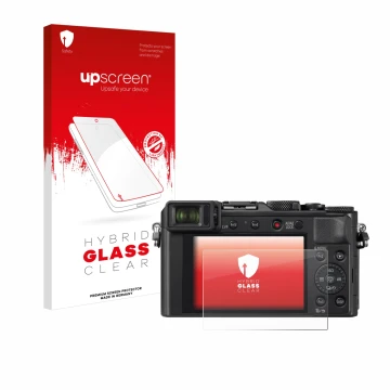 Parte frontale di una confezione del prodotto con il logo del marchio upscreen. Accanto è raffigurato il dispositivo Panasonic