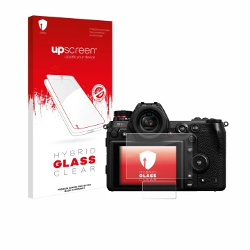 Parte frontale di una confezione del prodotto con il logo del marchio upscreen. Accanto è raffigurato il dispositivo Panasonic