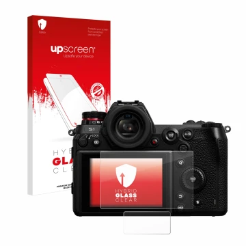 Parte frontale di una confezione del prodotto con il logo del marchio upscreen. Accanto è raffigurato il dispositivo Panasonic