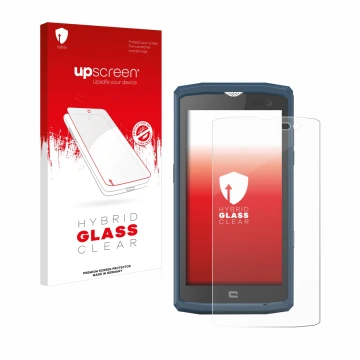 Parte frontale di una confezione del prodotto con il logo del marchio upscreen. Accanto è raffigurato il dispositivo Crosscall