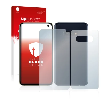 Parte frontale di una confezione del prodotto con il logo del marchio upscreen. Accanto è raffigurato il dispositivo Samsung G
