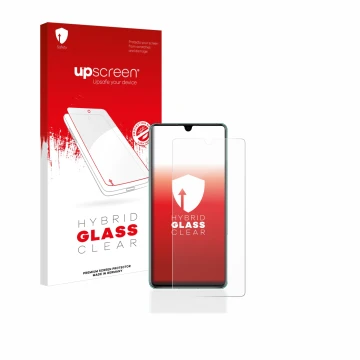 Parte frontale di una confezione del prodotto con il logo del marchio upscreen. Accanto è raffigurato il dispositivo Huawei P3