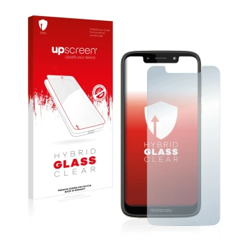 Parte frontale di una confezione del prodotto con il logo del marchio upscreen. Accanto è raffigurato il dispositivo Motorola 