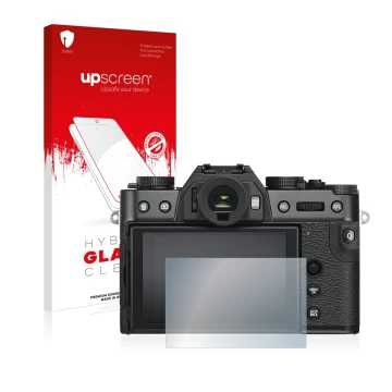 Parte frontale di una confezione del prodotto con il logo del marchio upscreen. Accanto è raffigurato il dispositivo Fujifilm 