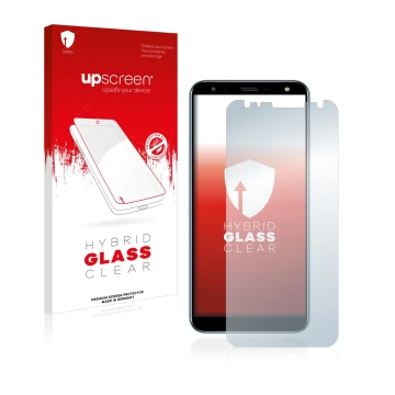 Parte frontale di una confezione del prodotto con il logo del marchio upscreen. Accanto è raffigurato il dispositivo LG K40 co