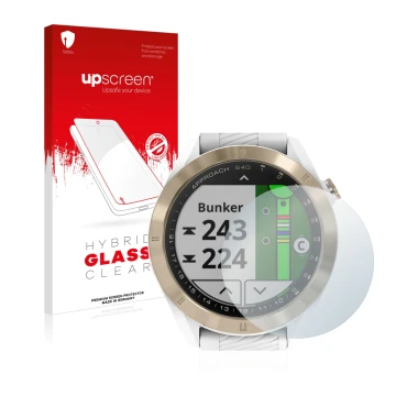Parte frontale di una confezione del prodotto con il logo del marchio upscreen. Accanto è raffigurato il dispositivo Garmin Ap