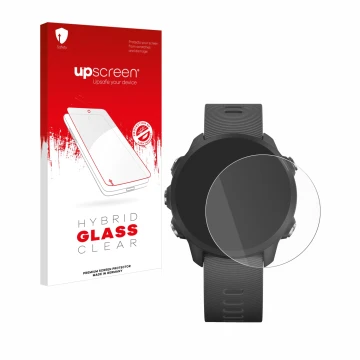 Parte frontale di una confezione del prodotto con il logo del marchio upscreen. Accanto è raffigurato il dispositivo Garmin Fo
