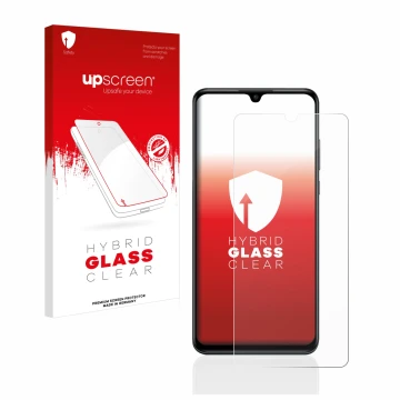 Parte frontale di una confezione del prodotto con il logo del marchio upscreen. Accanto è raffigurato il dispositivo Huawei P3