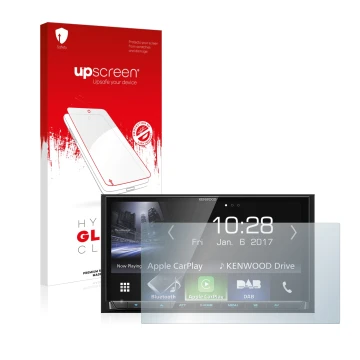 Parte frontale di una confezione del prodotto con il logo del marchio upscreen. Accanto è raffigurato il dispositivo Kenwood D