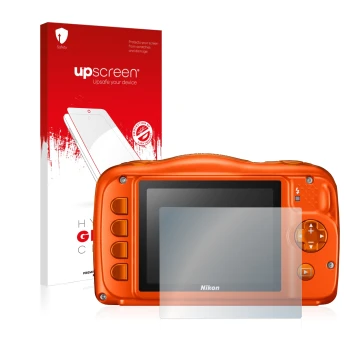 Parte frontale di una confezione del prodotto con il logo del marchio upscreen. Accanto è raffigurato il dispositivo Nikon Coo