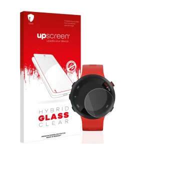 Parte frontale di una confezione del prodotto con il logo del marchio upscreen. Accanto è raffigurato il dispositivo Garmin Fo
