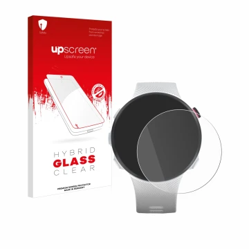 Parte frontale di una confezione del prodotto con il logo del marchio upscreen. Accanto è raffigurato il dispositivo Garmin Fo