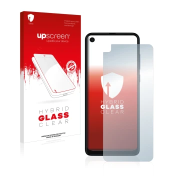 Parte frontale di una confezione del prodotto con il logo del marchio upscreen. Accanto è raffigurato il dispositivo Motorola 