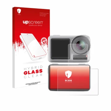 Parte frontale di una confezione del prodotto con il logo del marchio upscreen. Accanto è raffigurato il dispositivo DJI Osmo 