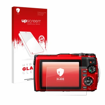 Parte frontale di una confezione del prodotto con il logo del marchio upscreen. Accanto è raffigurato il dispositivo Olympus T