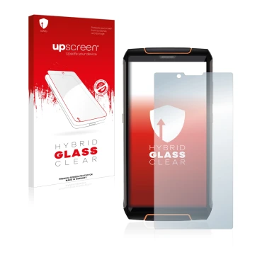 Parte frontale di una confezione del prodotto con il logo del marchio upscreen. Accanto è raffigurato il dispositivo Cubot Kin