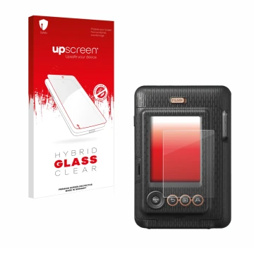Parte frontale di una confezione del prodotto con il logo del marchio upscreen. Accanto è raffigurato il dispositivo Fujifilm 