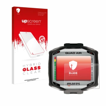 Parte frontale di una confezione del prodotto con il logo del marchio upscreen. Accanto è raffigurato il dispositivo Mares Qua