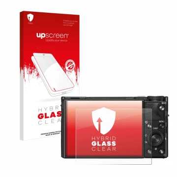 Parte frontale di una confezione del prodotto con il logo del marchio upscreen. Accanto è raffigurato il dispositivo Sony Cybe