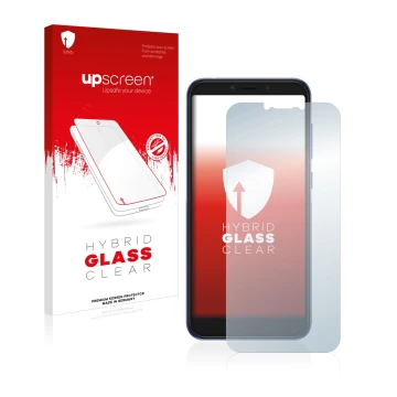Parte frontale di una confezione del prodotto con il logo del marchio upscreen. Accanto è raffigurato il dispositivo Alcatel 1
