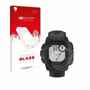Parte frontale di una confezione del prodotto con il logo del marchio upscreen. Accanto è raffigurato il dispositivo Garmin In