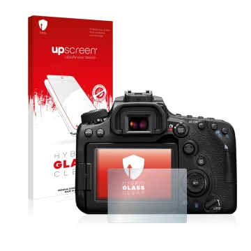 Parte frontale di una confezione del prodotto con il logo del marchio upscreen. Accanto è raffigurato il dispositivo Canon EOS