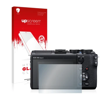 Parte frontale di una confezione del prodotto con il logo del marchio upscreen. Accanto è raffigurato il dispositivo Canon EOS