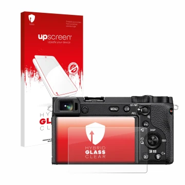 Parte frontale di una confezione del prodotto con il logo del marchio upscreen. Accanto è raffigurato il dispositivo Sony Alph