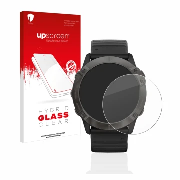 Parte frontale di una confezione del prodotto con il logo del marchio upscreen. Accanto è raffigurato il dispositivo Garmin Fe