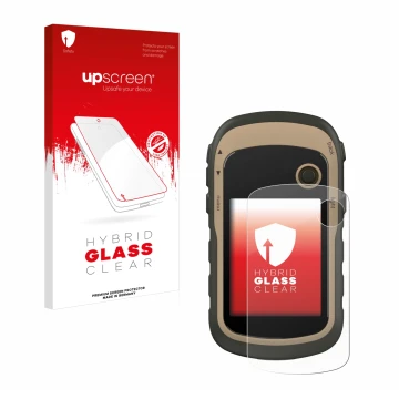 Parte frontale di una confezione del prodotto con il logo del marchio upscreen. Accanto è raffigurato il dispositivo Garmin eT