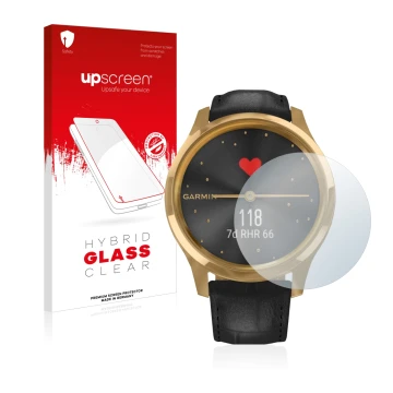 Parte frontale di una confezione del prodotto con il logo del marchio upscreen. Accanto è raffigurato il dispositivo Garmin vi