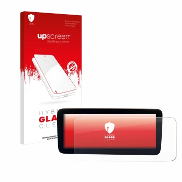 Parte frontale di una confezione del prodotto con il logo del marchio upscreen. Accanto è raffigurato il dispositivo Mercedes-