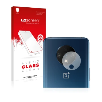 Parte frontale di una confezione del prodotto con il logo del marchio upscreen. Accanto è raffigurato il dispositivo OnePlus 7