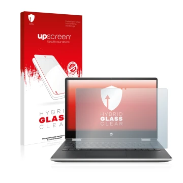Parte frontale di una confezione del prodotto con il logo del marchio upscreen. Accanto è raffigurato il dispositivo HP Pavili