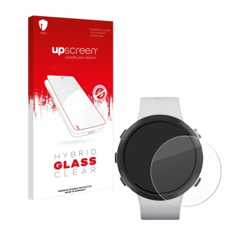 Parte frontale di una confezione del prodotto con il logo del marchio upscreen. Accanto è raffigurato il dispositivo Garmin Sw