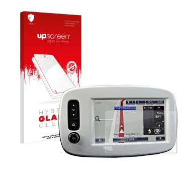 Parte frontale di una confezione del prodotto con il logo del marchio upscreen. Accanto è raffigurato il dispositivo TomTom Sm