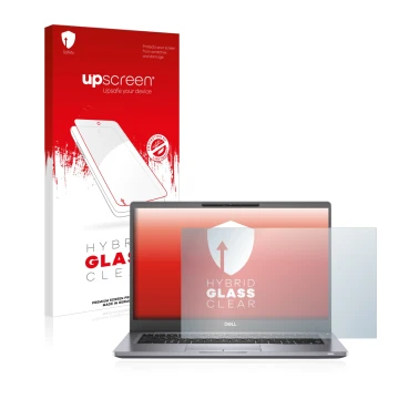 Parte frontale di una confezione del prodotto con il logo del marchio upscreen. Accanto è raffigurato il dispositivo Dell Lati