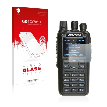 Parte frontale di una confezione del prodotto con il logo del marchio upscreen. Accanto è raffigurato il dispositivo AnyTone A