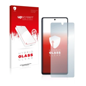 Parte frontale di una confezione del prodotto con il logo del marchio upscreen. Accanto è raffigurato il dispositivo Samsung G