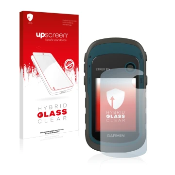 Parte frontale di una confezione del prodotto con il logo del marchio upscreen. Accanto è raffigurato il dispositivo Garmin eT