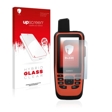 Parte frontale di una confezione del prodotto con il logo del marchio upscreen. Accanto è raffigurato il dispositivo Garmin GP
