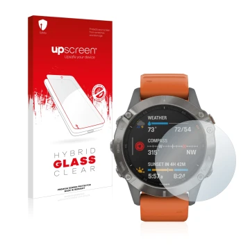 Parte frontale di una confezione del prodotto con il logo del marchio upscreen. Accanto è raffigurato il dispositivo Garmin Fe